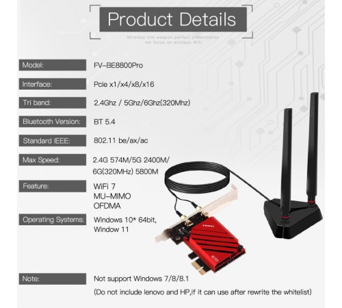 Бездротовий адаптер Fenvi FV-BE8800Pro Wi-Fi 7, Bluetooth 5.4 Gaming Tri Band 2.4G/5G/6GHz