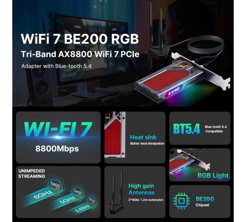 Бездротовий адаптер Fenvi FV-BE8800RGB Wi-Fi 7, Bluetooth 5.4 Gaming Tri Band 2.4G/5G/6GHz Бездротовий адаптер Fenvi FV-BE8800RGB Wi-Fi 7, Bluetooth 5.4 Gaming Tri Band 2.4G/5G/6GHz