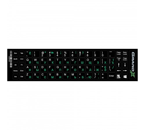 Наліпки на клавіатуру Grand-X 68 keys Cyrillic green, Latin white (GXDPGW)