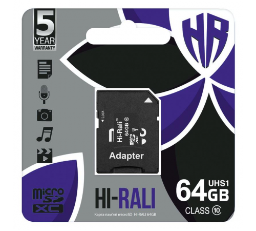 Карта пам`ятi MicroSDXC 64GB Class 10 Hi-Rali + SD-adapter (HI-64GBSDCL10-01)