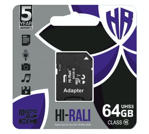 Карта пам`ятi MicroSDXC 64GB UHS-I/U3 Class 10 Hi-Rali + SD-adapter (HI-64GBSDU3CL10-01)
