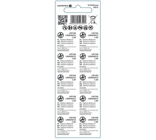 Батарейка everActive LR44 BL 10шт Батарейка everActive LR44 BL 10шт