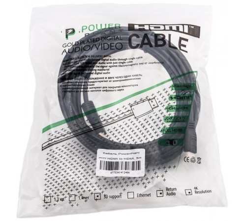 Кабель PowerPlant (KD00AS1246) miniHDMI-HDMI v1.3, 5м, Black