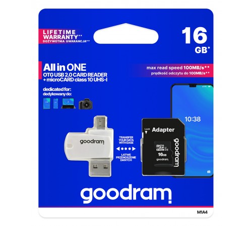Карта пам`ятi MicroSDHC 16GB UHS-I Class 10 Goodram + SD-adapter + OTG Card reader (M1A4-0160R12)