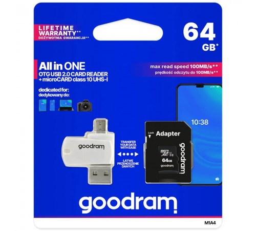 Карта пам`ятi MicroSDXC 64GB UHS-I Class 10 Goodram + SD-adapter + OTG Card reader (M1A4-0640R12)