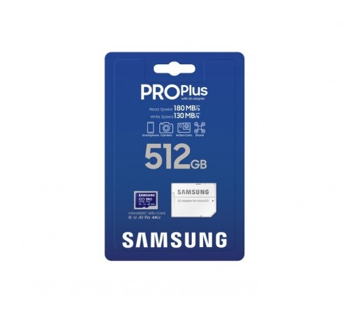 Карта пам`яті MicroSDXC 512GB UHS-I/U3 Class 10 Samsung Pro Plus R180/W130MB/s + SD-адаптер (MB-MD512SB/WW)