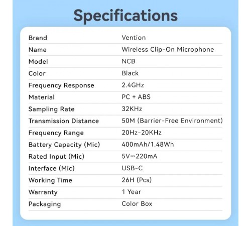 Мікрофон Vention USB Type-C 2-Pack Wireless Lavalier Black (NCBB0)