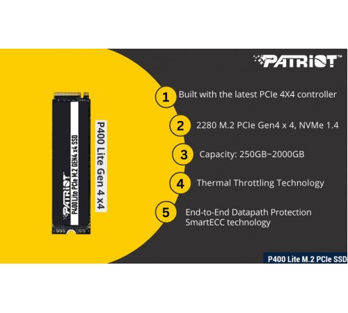 Накопичувач SSD 2TB Patriot P400 Lite M.2 2280 PCIe NVMe 4.0 x4 3D TLC (P400LP2KGM28H)