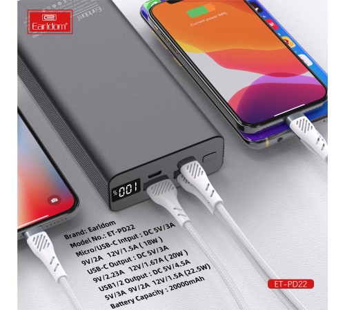 Універсальна мобільна батарея Earldom ET-PD22 20000mAh Black (PB-000122)