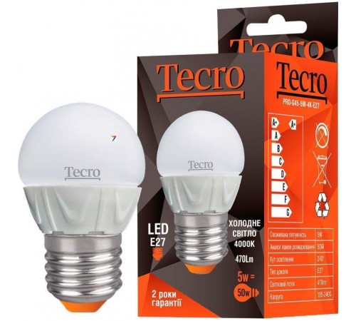Лампа світлодіодна Tecro 5W E27 4000K (PRO-G45-5W-4K-E27) Лампа світлодіодна Tecro 5W E27 4000K (PRO-G45-5W-4K-E27)