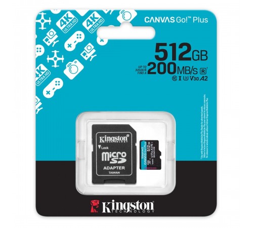 Карта пам`яті MicroSDXC 512GB UHS-I/U3 Class 10 Kingston Canvas Go! Plus R200/W160MB/s + SD-адаптер (SDCG4/512GB)