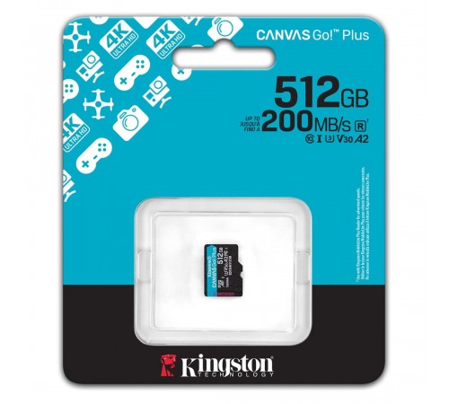 Карта пам`яті MicroSDXC 512GB UHS-I/U3 Class 10 Kingston Canvas Go! Plus R200/W160MB/s (SDCG4/512GBSP)