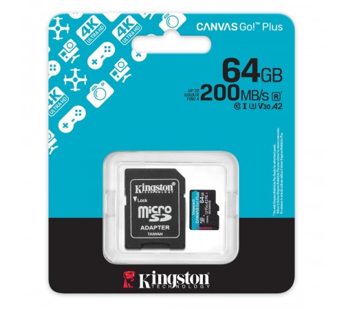 Карта пам`яті MicroSDXC 64GB UHS-I/U3 Class 10 Kingston Canvas Go! Plus R200/W200MB/s + SD-адаптер (SDCG4/64GB)