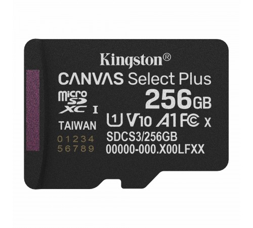Карта пам`яті MicroSDXC 256GB UHS-I Class 10 Kingston Canvas Select Plus R150MB/s + SD-адаптер (SDCS3/256GB)