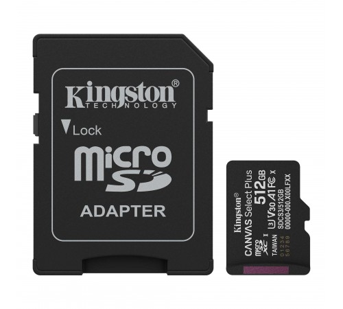 Карта пам`яті MicroSDXC 512GB UHS-I Class 10 Kingston Canvas Select Plus R150MB/s + SD-адаптер (SDCS3/512GB)