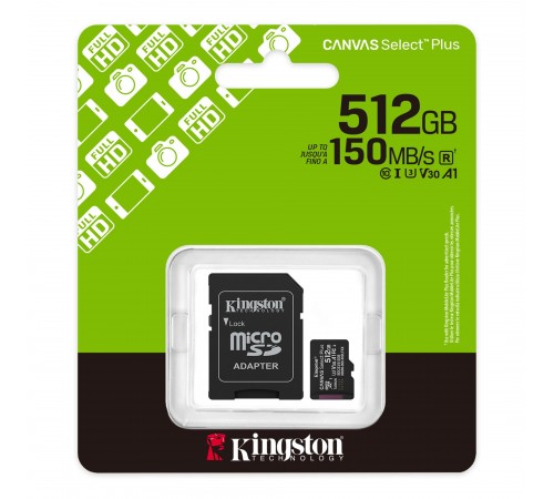Карта пам`яті MicroSDXC 512GB UHS-I Class 10 Kingston Canvas Select Plus R150MB/s + SD-адаптер (SDCS3/512GB)