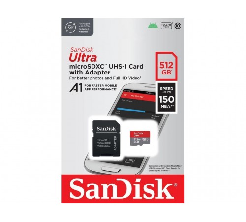Карта пам`ятi MicroSDXC 512GB UHS-I Class 10 SanDisk Ultra A1 R150MB/s + SD-adapter (SDSQUAC-512G-GN6MA)