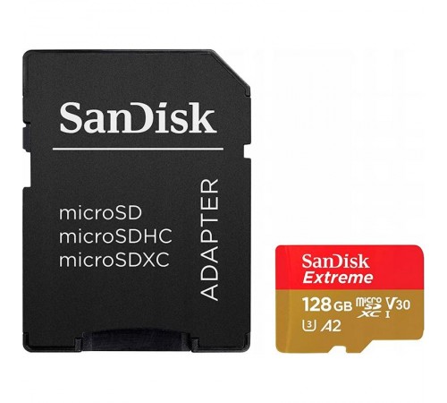 Карта пам`ятi MicroSDXC 128GB UHS-I U3 R190/W90MB/s SanDisk Extreme V30 + SD-адаптер (SDSQXAA-128G-GN6AA)