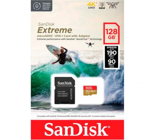 Карта пам`ятi MicroSDXC 128GB UHS-I U3 R190/W90MB/s SanDisk Extreme V30 + SD-адаптер (SDSQXAA-128G-GN6AA)
