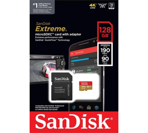 Карта пам`ятi MicroSDXC 128GB C10 UHS-I SanDisk Extreme V30 U3 R190/W90MB/s + SD (SDSQXAA-128G-GN6MA)