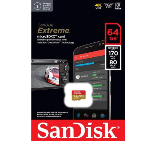 Карта пам`ятi MicroSDXC 64GB C10 UHS-I SanDisk Extreme V30 U3 R170/W80MB/s (SDSQXAH-064G-GN6AA)