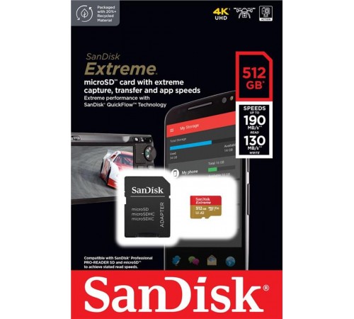 Карта пам`ятi MicroSDXC512GB C10 UHS-I SanDisk Extreme V30 U3 R190/W130MB/s + SD (SDSQXAV-512G-GN6MA)