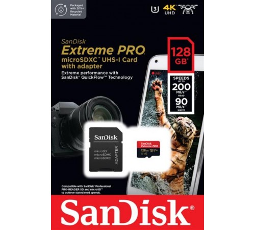 Карта пам`ятi MicroSDXC 128GB UHS-I U3 R200/W90MB/s SanDisk Extreme Pro V30 + SD-адаптер (SDSQXCD-128G-GN6MA)