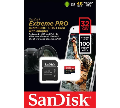 Карта пам`яті MicroSDHC 32GB UHS-I/U3 Class 10 SanDisk Extreme Pro A1 + SD-адаптер R100/W90MB/s (SDSQXCG-032G-GN6MA)