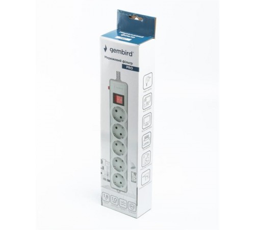 Фільтр живлення Gembird Pro (SPG5-G-6G-PRO) 5 розеток, 1.8м, сірий Фільтр живлення Gembird Pro (SPG5-G-6G-PRO) 5 розеток, 1.8м, сірий