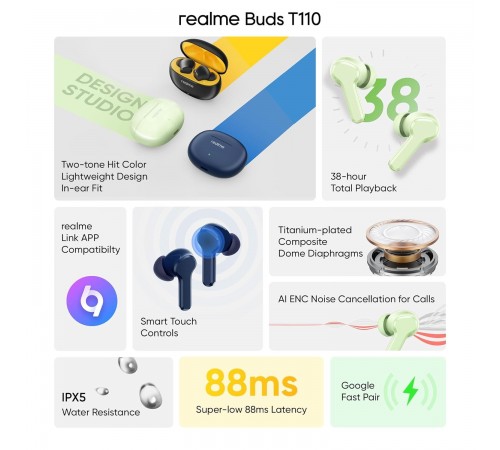 Bluetooth-гарнітура Realme Buds T110 Green Bluetooth-гарнітура Realme Buds T110 Green