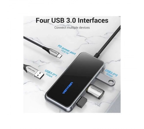 Концентратор Vention 5 в 1 Type-C-USB-PD 4USB 3.0 87W 4K 30Hz 0.15m Black (TFDHB)