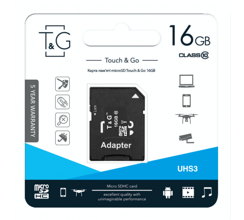 Карта пам`ятi MicroSDHC 16GB UHS-I U3 Class 10 T&G + SD-adapter (TG-16GBSD10U3-01)