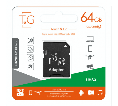 Карта пам`ятi MicroSDXC 64GB UHS-I U3 Class 10 T&G + SD-adapter (TG-64GBSDU3CL10-01) Карта пам`ятi MicroSDXC 64GB UHS-I U3 Class 10 T&G + SD-adapter (TG-64GBSDU3CL10-01)