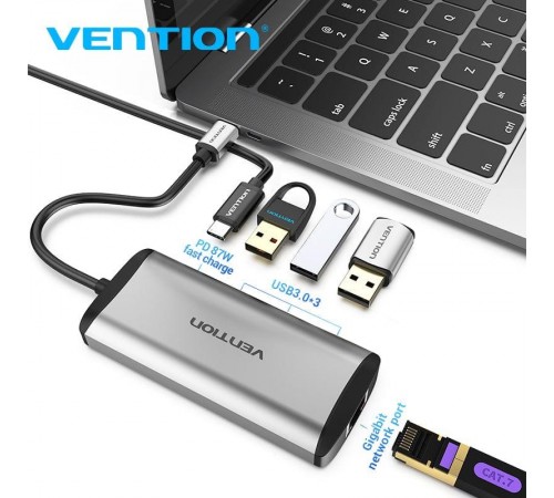 Концентратор Vention USB-C 3-Port, RJ-45, PD, 0.15 m (TGDHB) Концентратор Vention USB-C 3-Port, RJ-45, PD, 0.15 m (TGDHB)