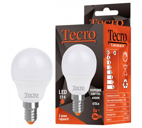 Лампа світлодіодна Tecro 6W E14 4000K (TL-G45-6W-4K-E14) Лампа світлодіодна Tecro 6W E14 4000K (TL-G45-6W-4K-E14)