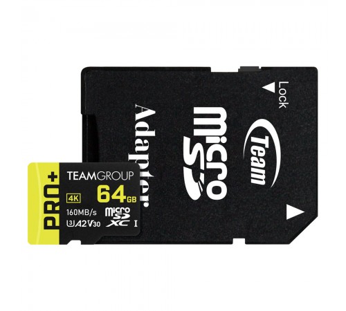 Карта пам`ятi MicroSDXC 64GB UHS-I/U3 Class 10 Team Pro+ R160/W55MB/s + SD-адаптер (TPPMSDX64GIA2V3003)