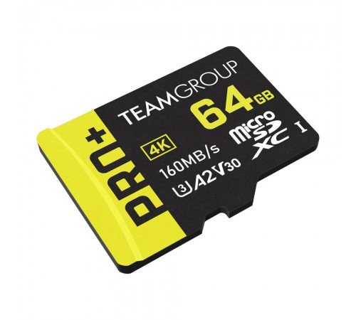 Карта пам`ятi MicroSDXC 64GB UHS-I/U3 Class 10 Team Pro+ R160/W55MB/s + SD-адаптер (TPPMSDX64GIA2V3003)