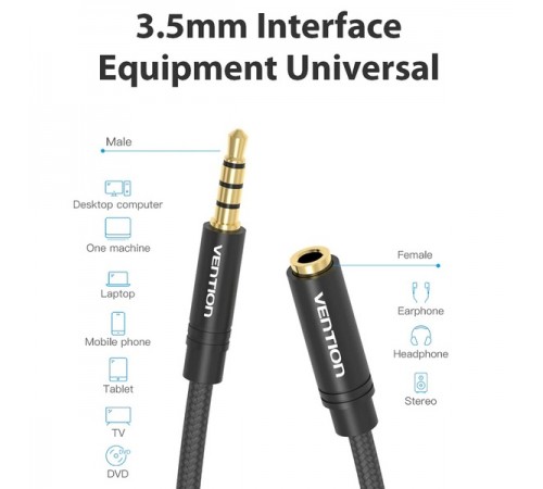 Кабель Vention 3.5 мм - 3.5 мм (M/F), 5 м, Black (VAB-B06-B500-M)