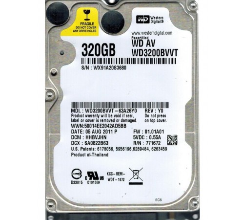Накопичувач HDD 2.5" SATA 320GB WD 5400rpm 8MB (WD3200BVVT) Refurbished