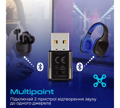 Bluetooth-адаптер аудіо Promate BlueLink Bluetooth 5.0 Black Bluetooth-адаптер аудіо Promate BlueLink Bluetooth 5.0 Black