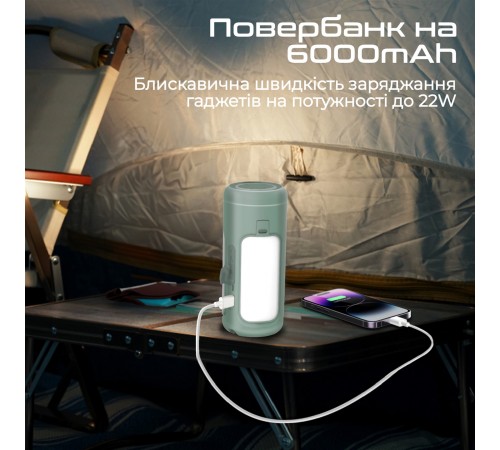 Ліхтарик кемпінговий Promate з Bluetooth колонкою та вбудованим повербанком на 6000 мАг Green (campmate-4)