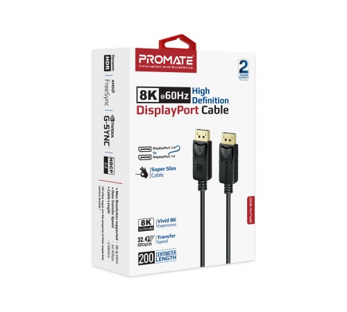 Кабель Promate DPLink-200 DisplayPort - DisplayPort V 1.4 (M/M), 2 м, Black