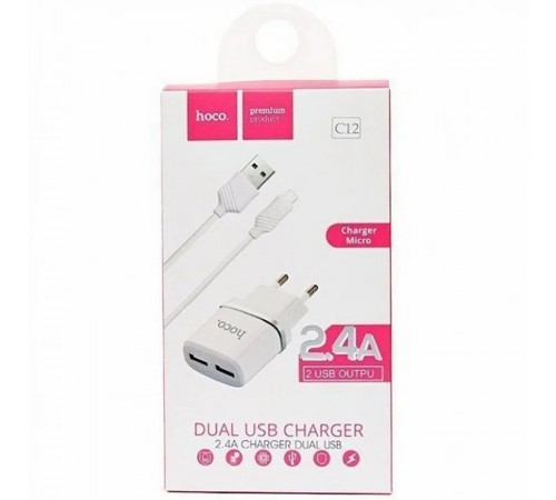 МЗП Hoco C12 Charger + Cable (Micro) 2.4A 2USB Білий