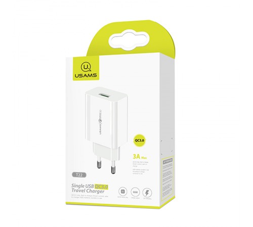 МЗП USAMS US-CC083 T22 Single USB QC3.0 Travel Charger (EU) Білий МЗП USAMS US-CC083 T22 Single USB QC3.0 Travel Charger (EU) Білий