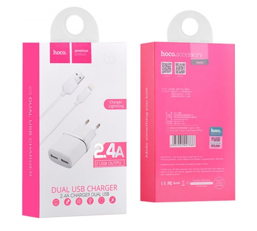 МЗП Hoco C12 Charger + Cable Lightning 2.4A 2USB Білий