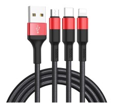 Дата кабель Hoco X26 Xpress 3in1 Lightning -MicroUSB-Type-C (1m) Чорний / Червоний