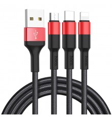 Дата кабель Hoco X26 Xpress 3in1 Lightning -MicroUSB-Type-C (1m) Чорний / Червоний