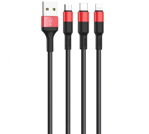 Дата кабель Hoco X26 Xpress 3in1 Lightning -MicroUSB-Type-C (1m) Чорний / Червоний