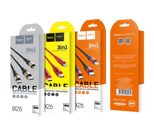 Дата кабель Hoco X26 Xpress 3in1 Lightning -MicroUSB-Type-C (1m) Чорний / Червоний