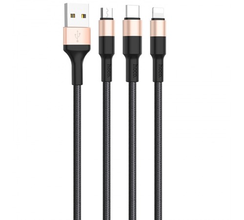Дата кабель Hoco X26 Xpress 3in1 Lightning -MicroUSB-Type-C (1m) Чорний / Золотий
